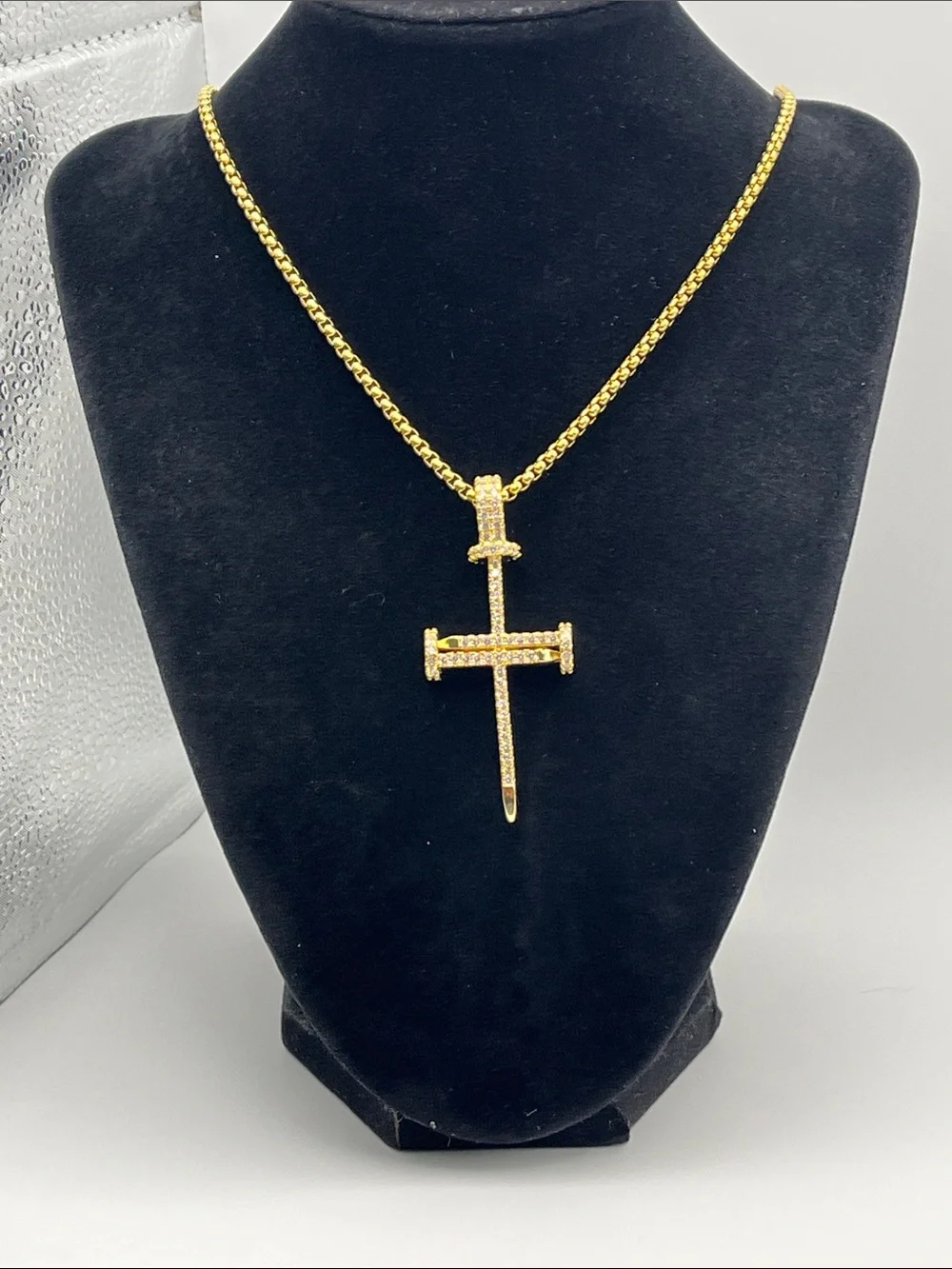 24”, Gold over Stainless Steel Crystal Nail Cross Pendant w/ Rollo Necklace